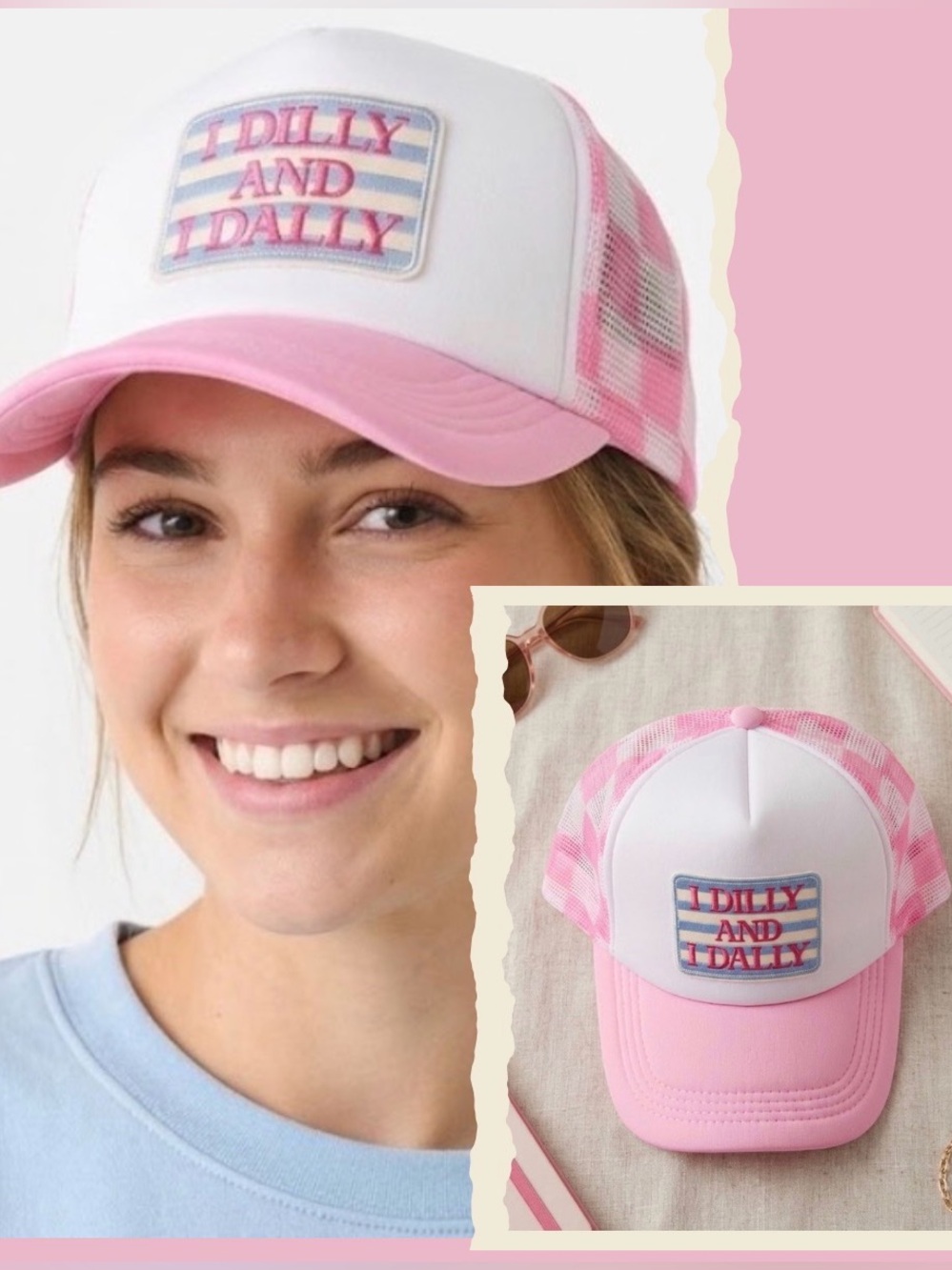 Restock! New dilly dally checkered trucker hat pink blue
